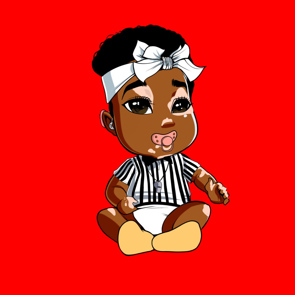 Diversity Dollz NFT referee with vitiligo and partial hearing loss.